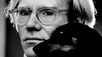 Andy Warhol's glasses. Portrait of Andy Warhol wearing Moscot Miltzen Crystal glasses, with his dog, photograph by Jack Mitchell.