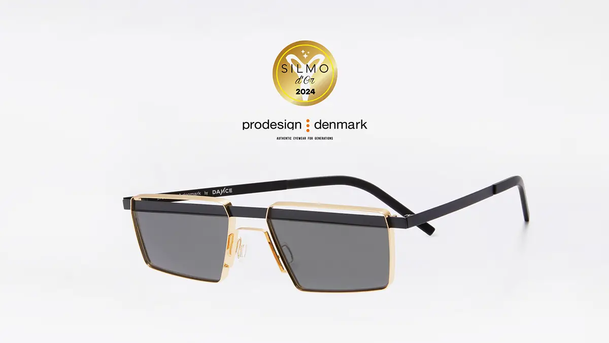 CENSUR glasses by ProDesign Denmark, winner of the 2024 Silmo d'Or. Square model with an industrial and elegant design, featuring gold details.