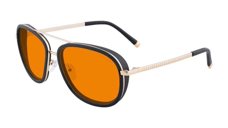 Gaming glasses, Dume glasses by Gunnar Optiks, 2025 model, aviator frame in gold stainless steel with Amber Max lenses, offering blue light protection.