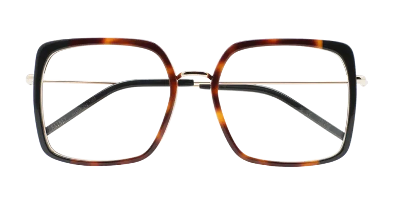 Lunettes de vue KALEOS Rainey, monture carrée écaille avec branches dorées, vue de face.