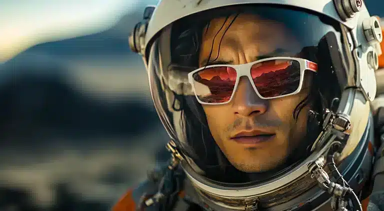 Homme en combinaison spatiale portant des lunettes anti lumière bleue Horus X, avec un paysage reflété dans les verres.