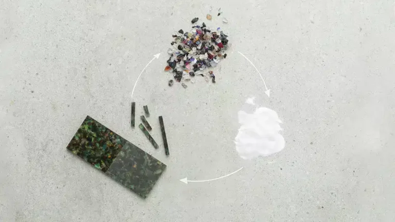 Processus de recyclage de l’acétate chez Mazzucchelli 1849, illustrant la transformation des déchets plastiques en nouvelles matières premières grâce à la Carbon Renewal Technology.