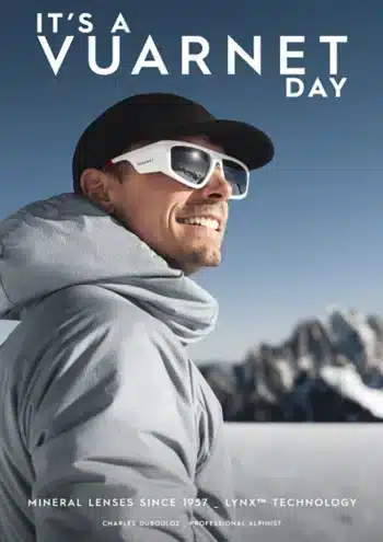 Charles Dubouloz portant les lunettes Vuarnet Altitude 01, conçues pour la haute montagne et les conditions extrêmes.
