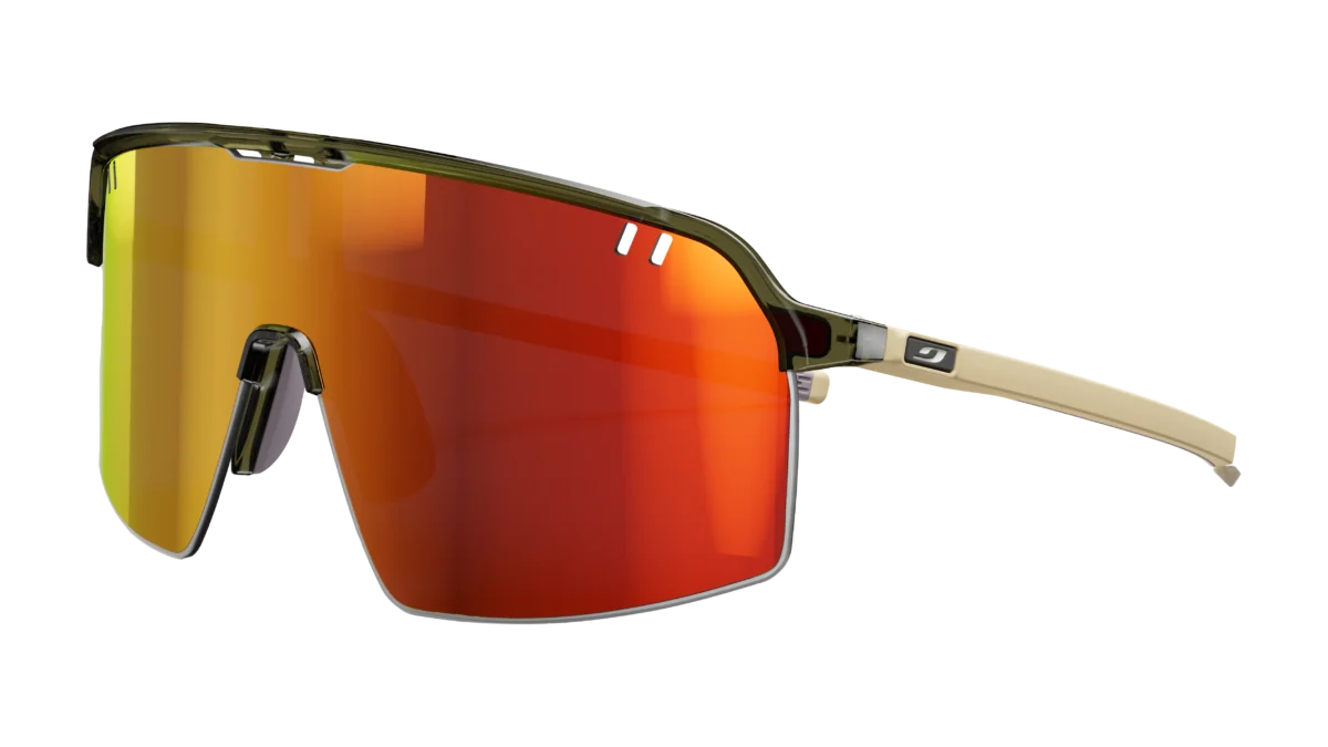 Julbo Intensity sports sunglasses with panoramic shield and red mirrored Spectron HD 3 lenses.