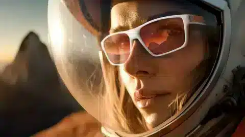 A woman wearing Horus X blue light blocking glasses with a protective headset, reflecting a scenic landscape.