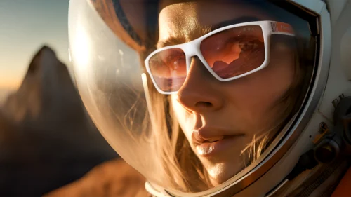 A woman wearing Horus X blue light blocking glasses with a protective headset, reflecting a scenic landscape.