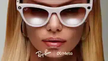 Smart glasses. Woman wearing white Ray-Ban x Meta smart glasses, showcasing the technological innovation of smart glasses in 2025.