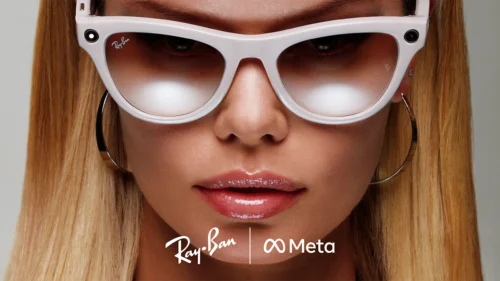 Smart glasses. Woman wearing white Ray-Ban x Meta smart glasses, showcasing the technological innovation of smart glasses in 2025.