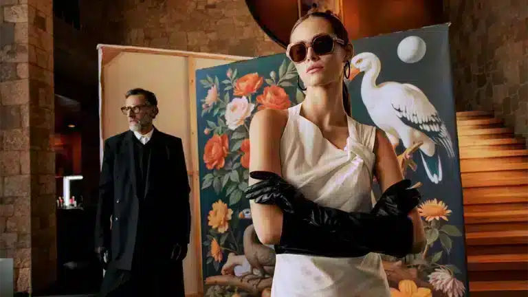 lunettes vintage 2025. Femme portant des lunettes de soleil Etnia Barcelona Vintage 2025, avec un style rétro et élégant, aux côtés d’un homme en costume sombre