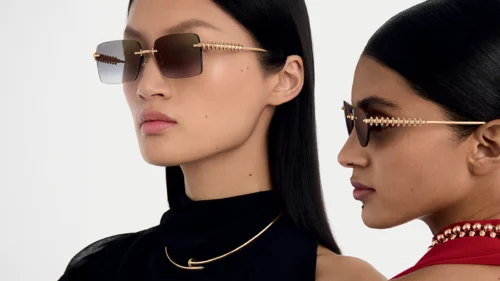 Cartier Clash sunglasses 2025 with gold metal frames and mobile spike detailing on the temples