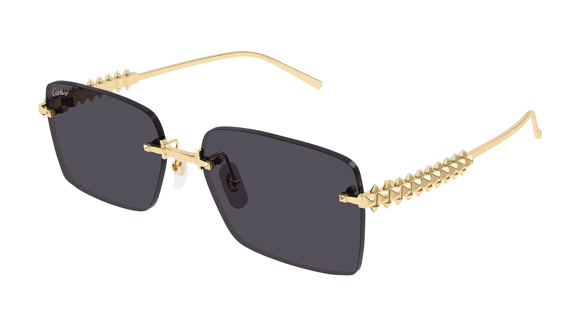 CT0545S gold square-shaped frame from Cartier Clash 2025 with mobile studs along the temples